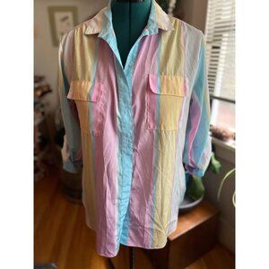 Vintage 80s Shiny Rayon Silky Cotton Candy Striped Button Down Shirt